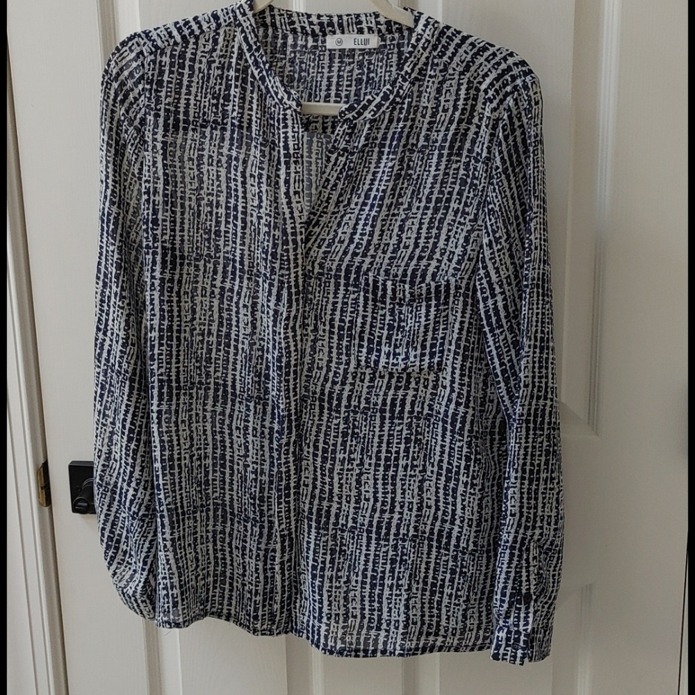 Navy and white long sleeve, button down blouse, M